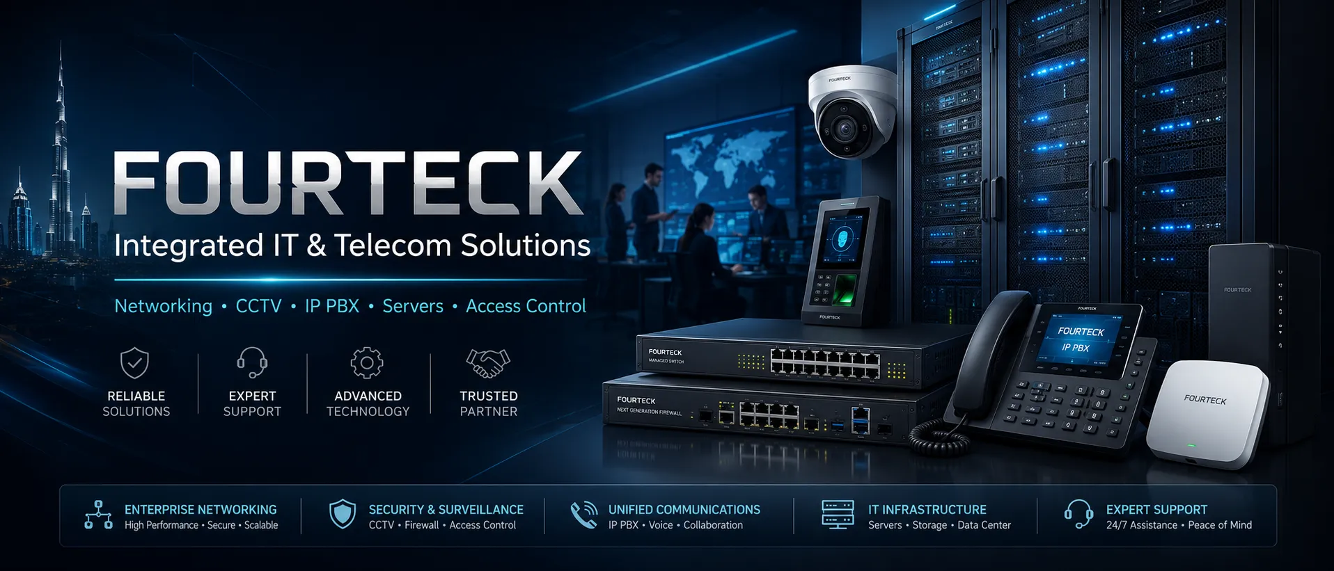 Fourteck integrated IT and telecom solutions banner with networking CCTV IP PBX servers and access control products